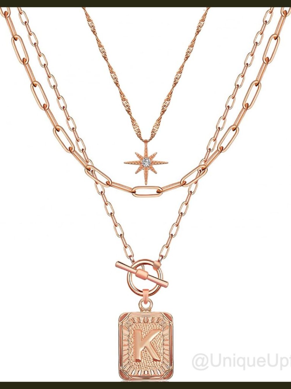 14K White Gold Plated Layered Initial Necklace Set Letter K 3 Paperclip Chains